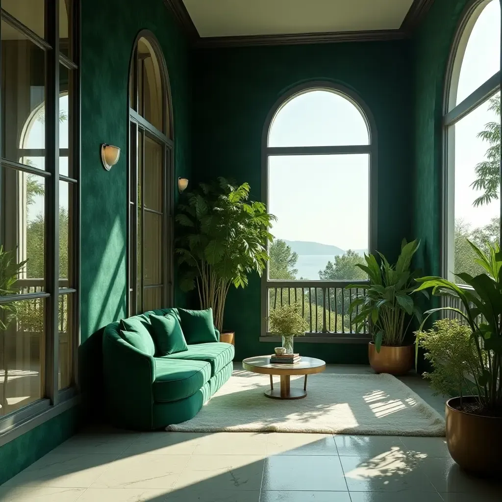 a photo of a balcony with luxurious emerald green and silver touches