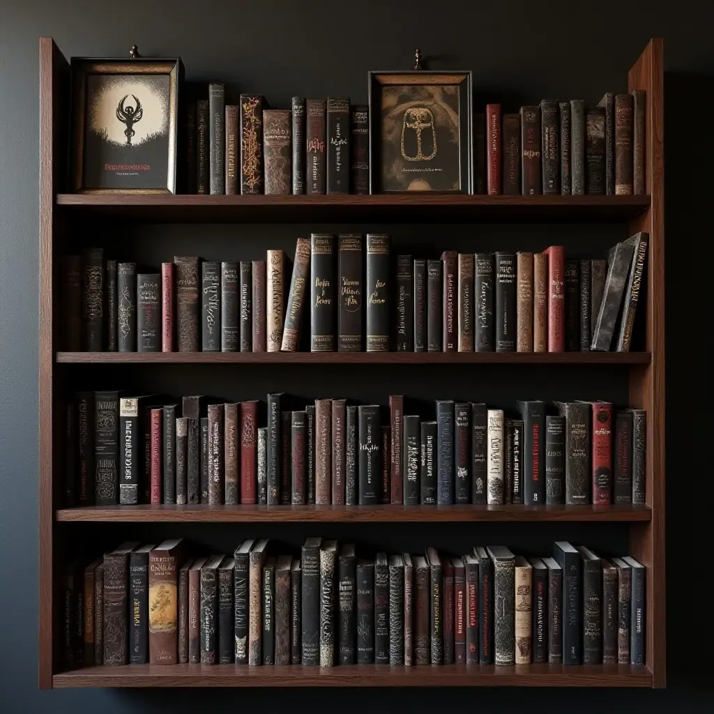 a photo of a wall-mounted bookshelf filled with dark-themed novels