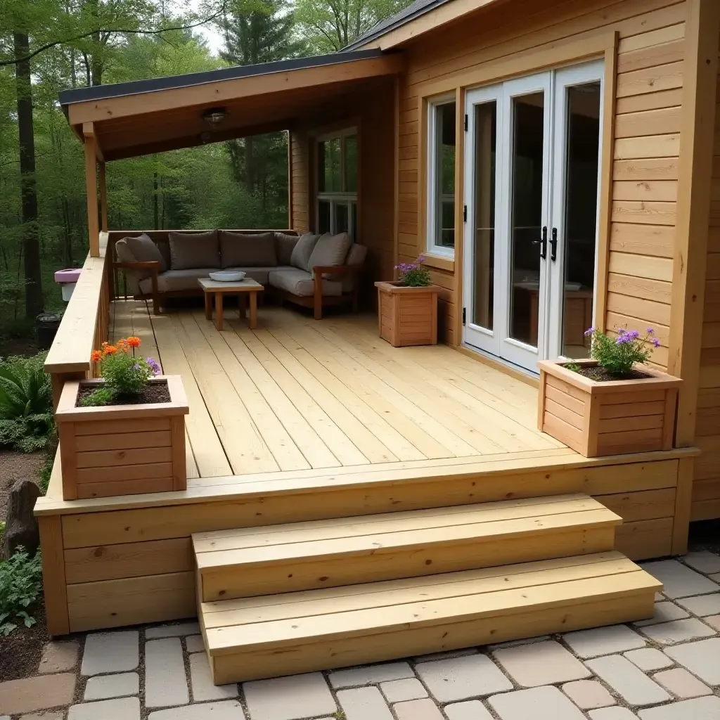 a photo of a wooden deck with built-in storage compartments