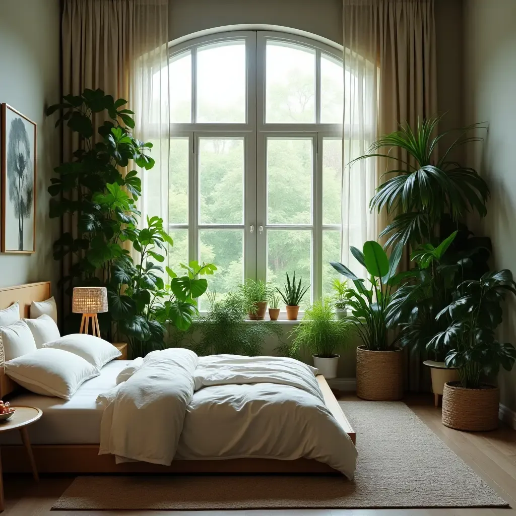 a photo of a bedroom with a large window showcasing lush indoor plants