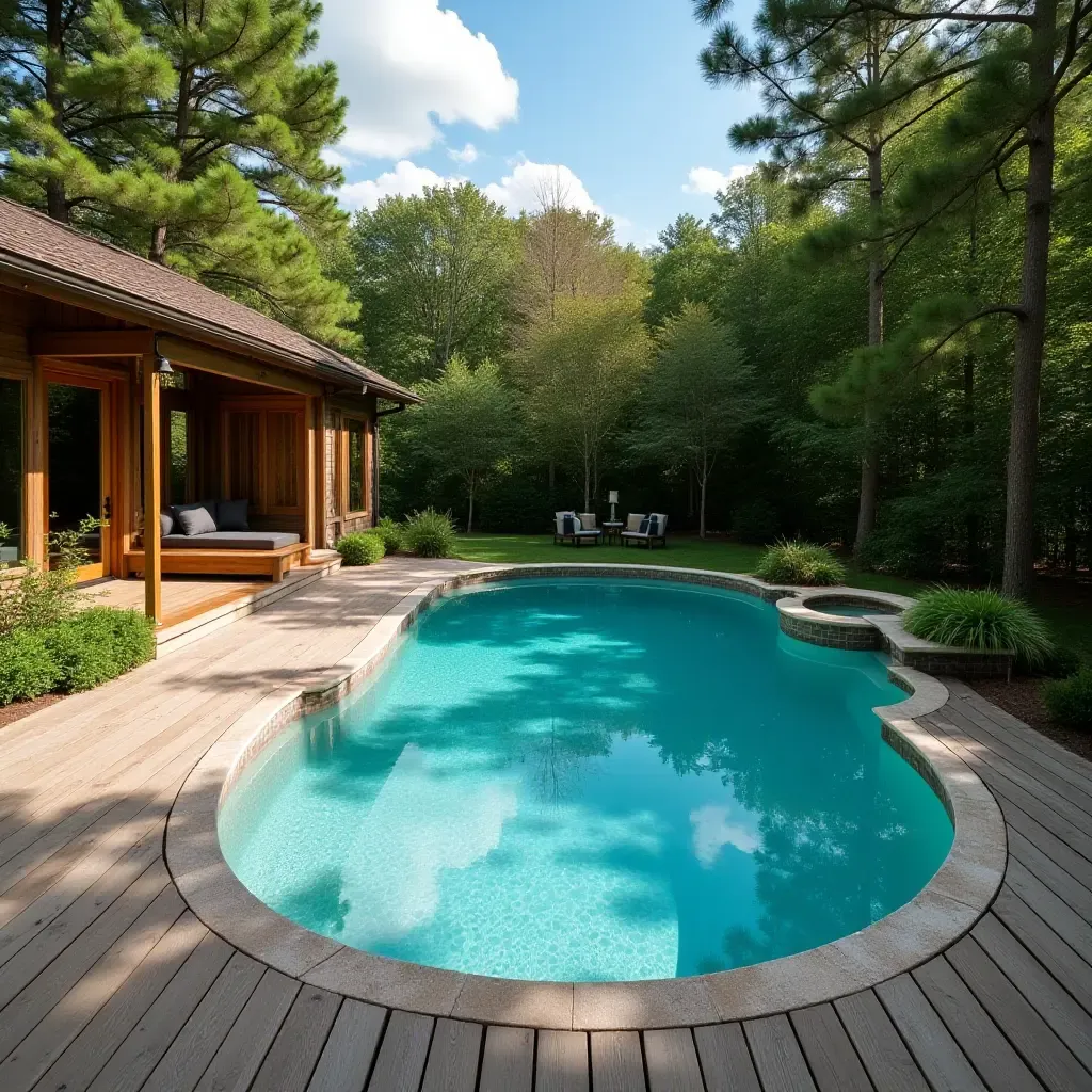 a photo of a rustic wooden deck surrounding a shimmering pool