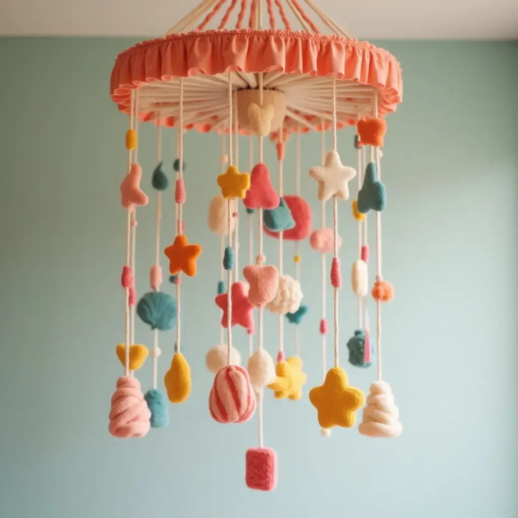 a photo of a whimsical, colorful mobile hanging from the ceiling