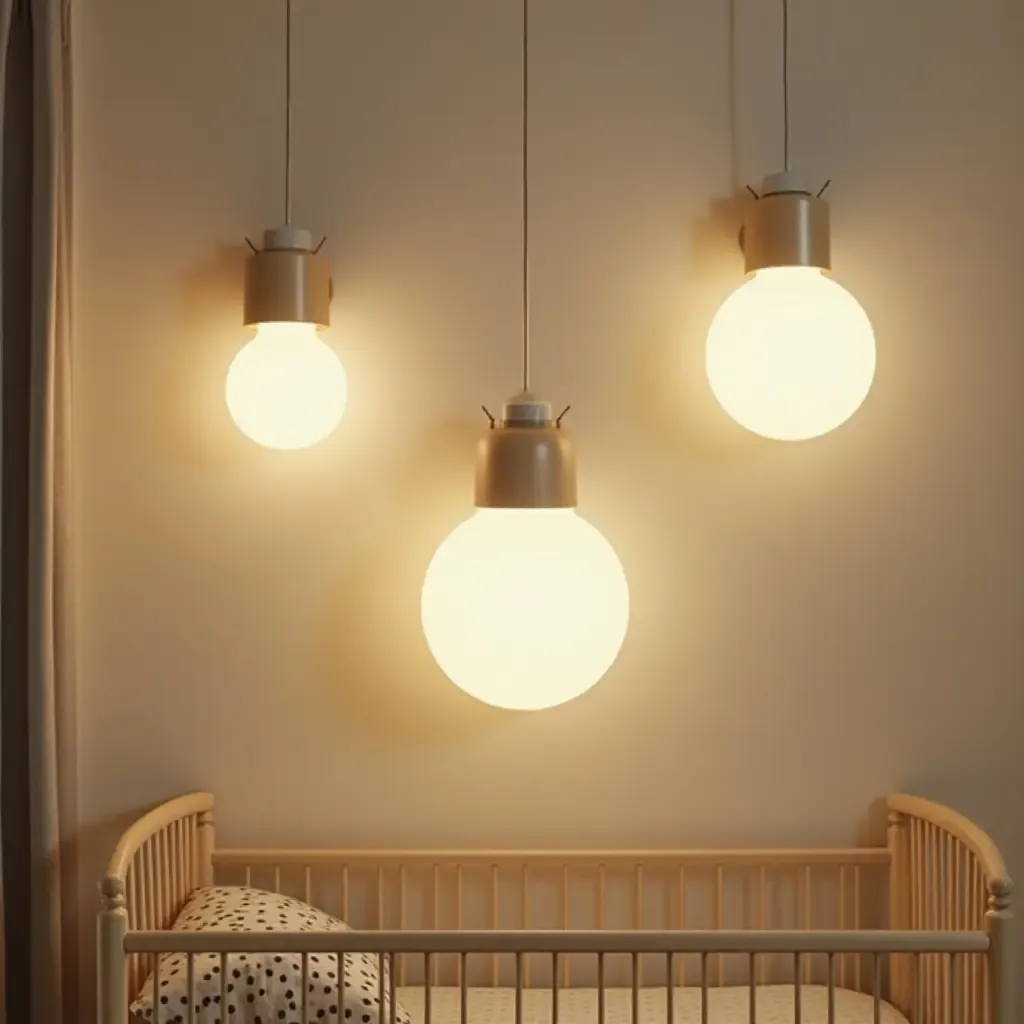 a photo of a nursery featuring retro-style light fixtures