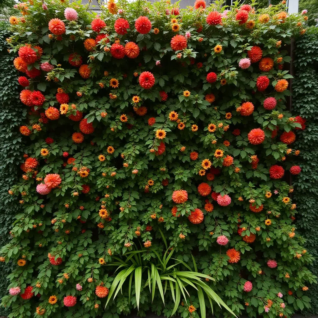 a photo of a vibrant plant wall with seasonal flowers