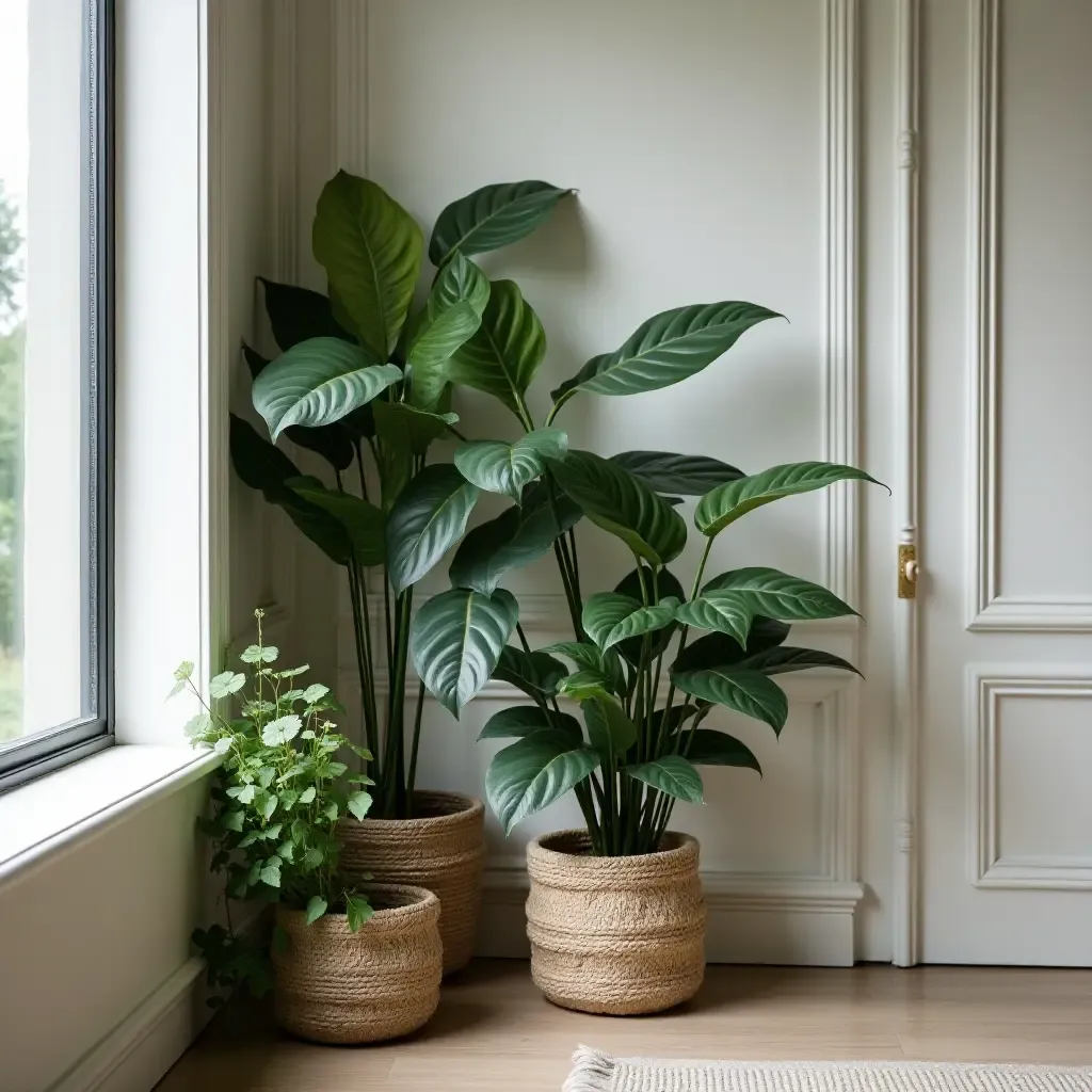 a photo of a sophisticated indoor plant arrangement in a corner