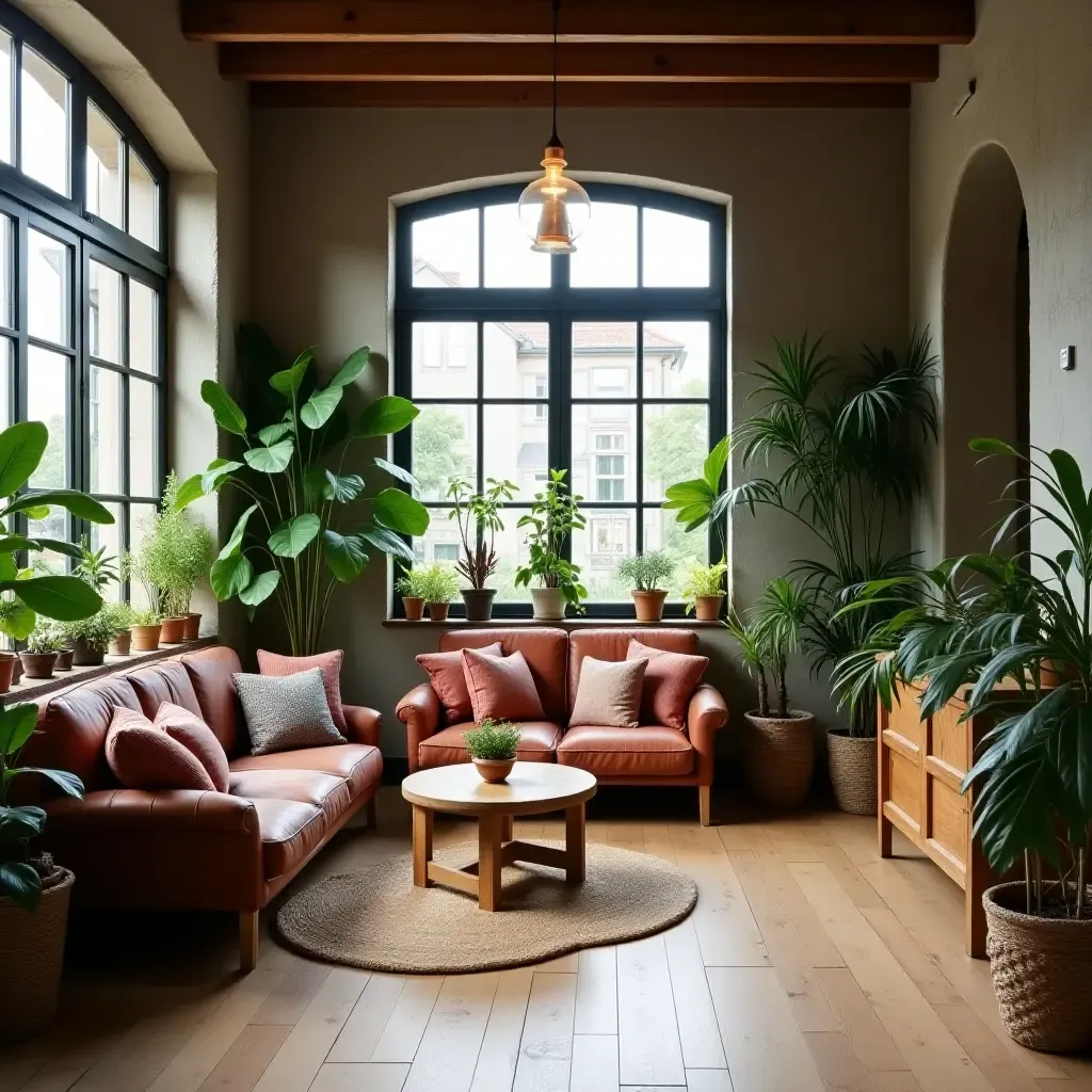 a photo of a charming space with rustic wooden furniture and plants