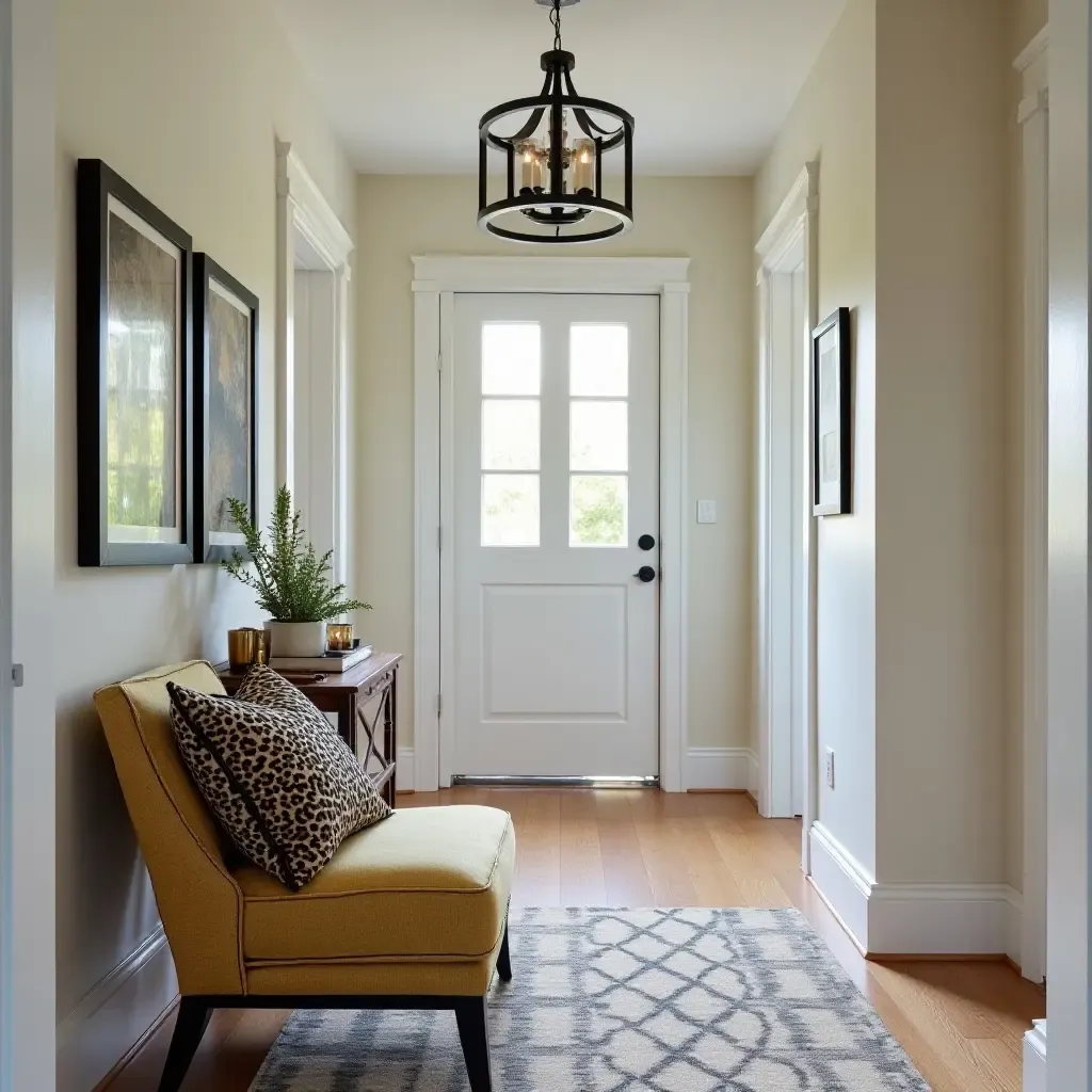 a photo of a bold entrance hall featuring animal print throw pillows on a chair