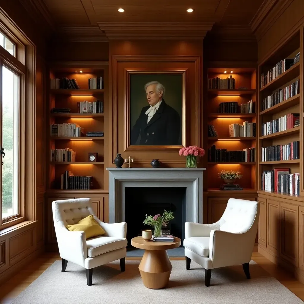 a photo of a home library with warm wood tones and inviting armchairs