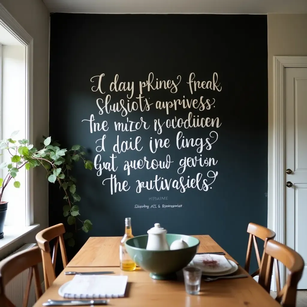 a photo of a chalkboard wall with inspirational quotes in a dining area