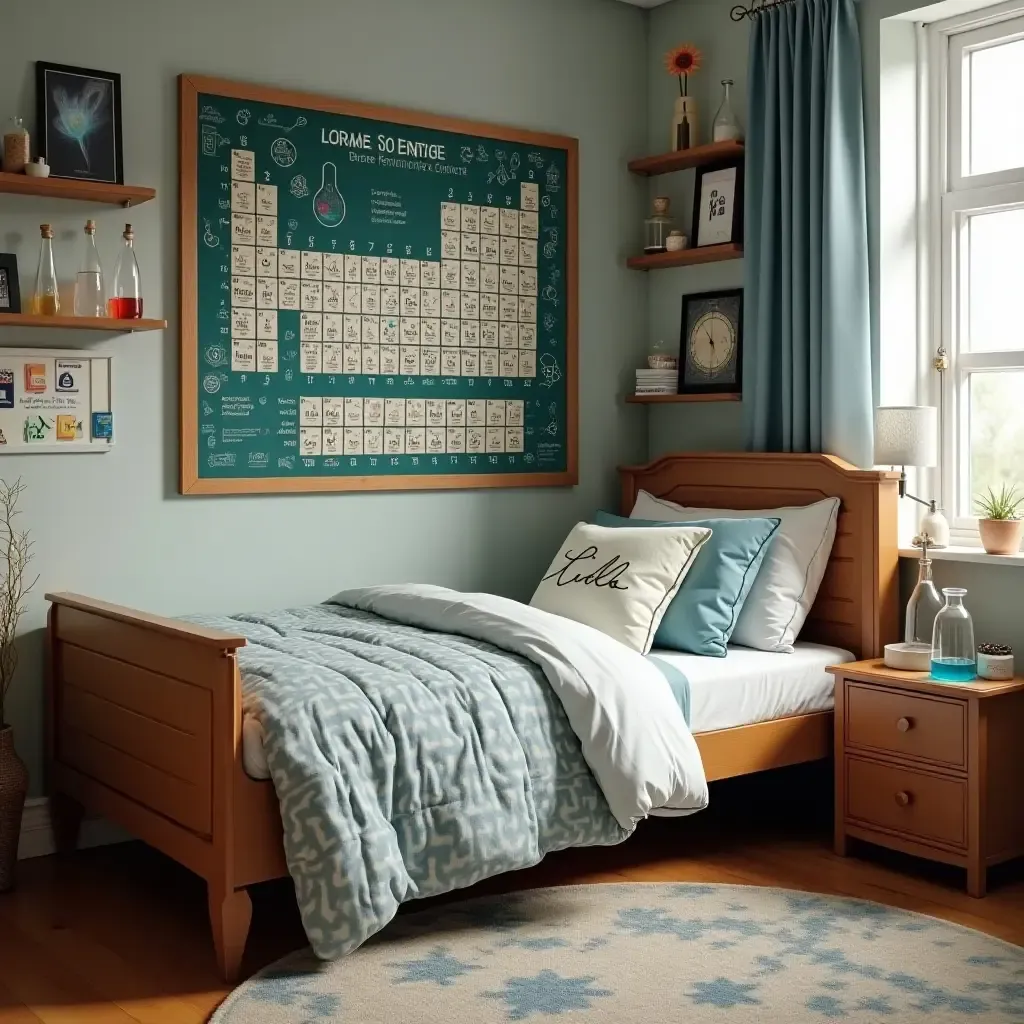 a photo of a science-themed bedroom with periodic table and experiments