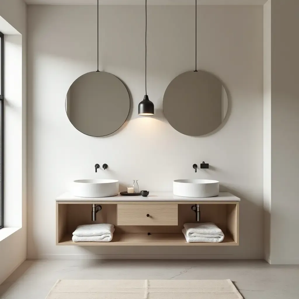 a photo of a Scandinavian bathroom showcasing simple pendant lights and neutral tones