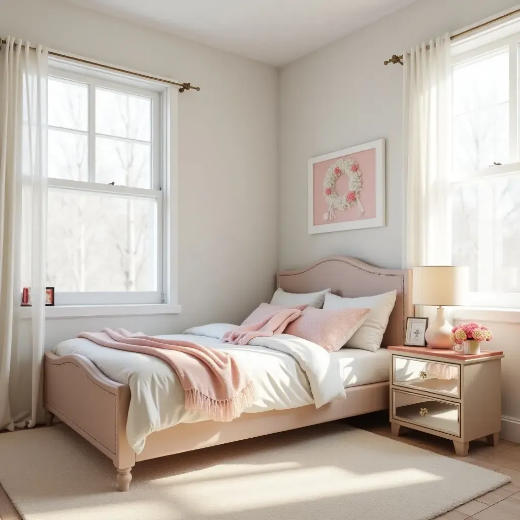 a photo of a bright and cheerful bedroom for kids with a mirrored nightstand