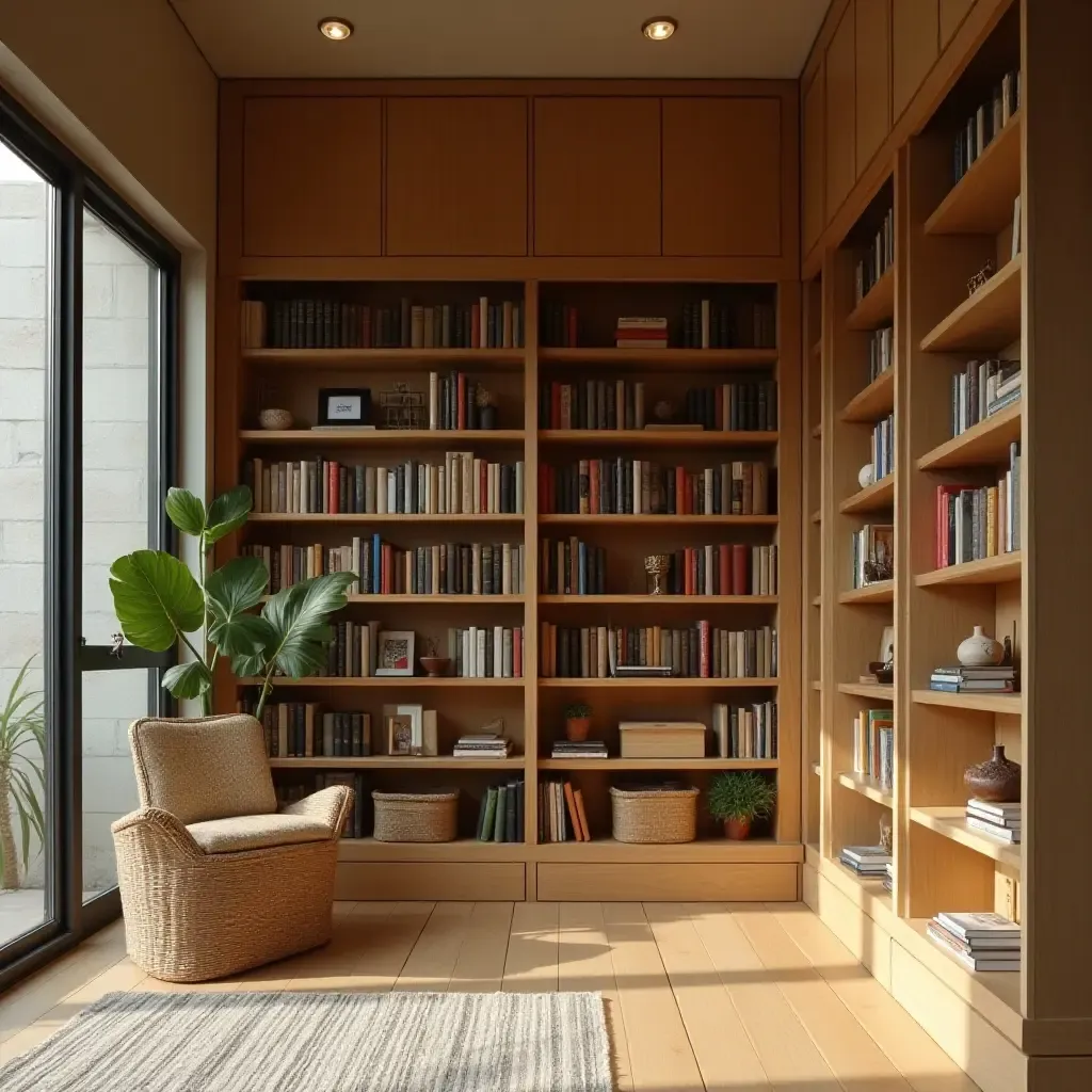 a photo of a serene library with natural wood shelves and baskets