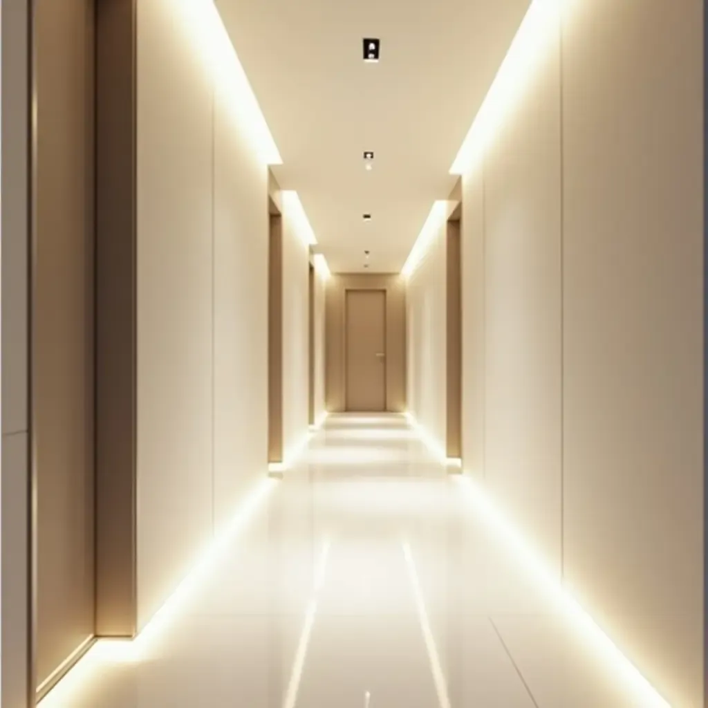 a photo of a bright corridor with sleek lines and a neutral color palette