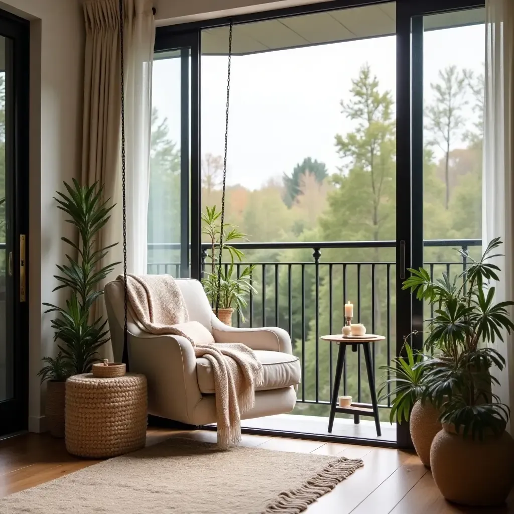 a photo of a cozy balcony nook with a stylish swing chair and throws