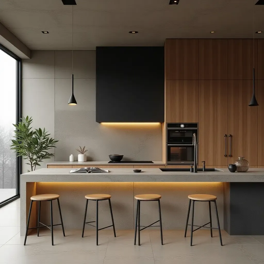 a photo of a sleek kitchen showcasing a balance of wood, stone, and metal materials