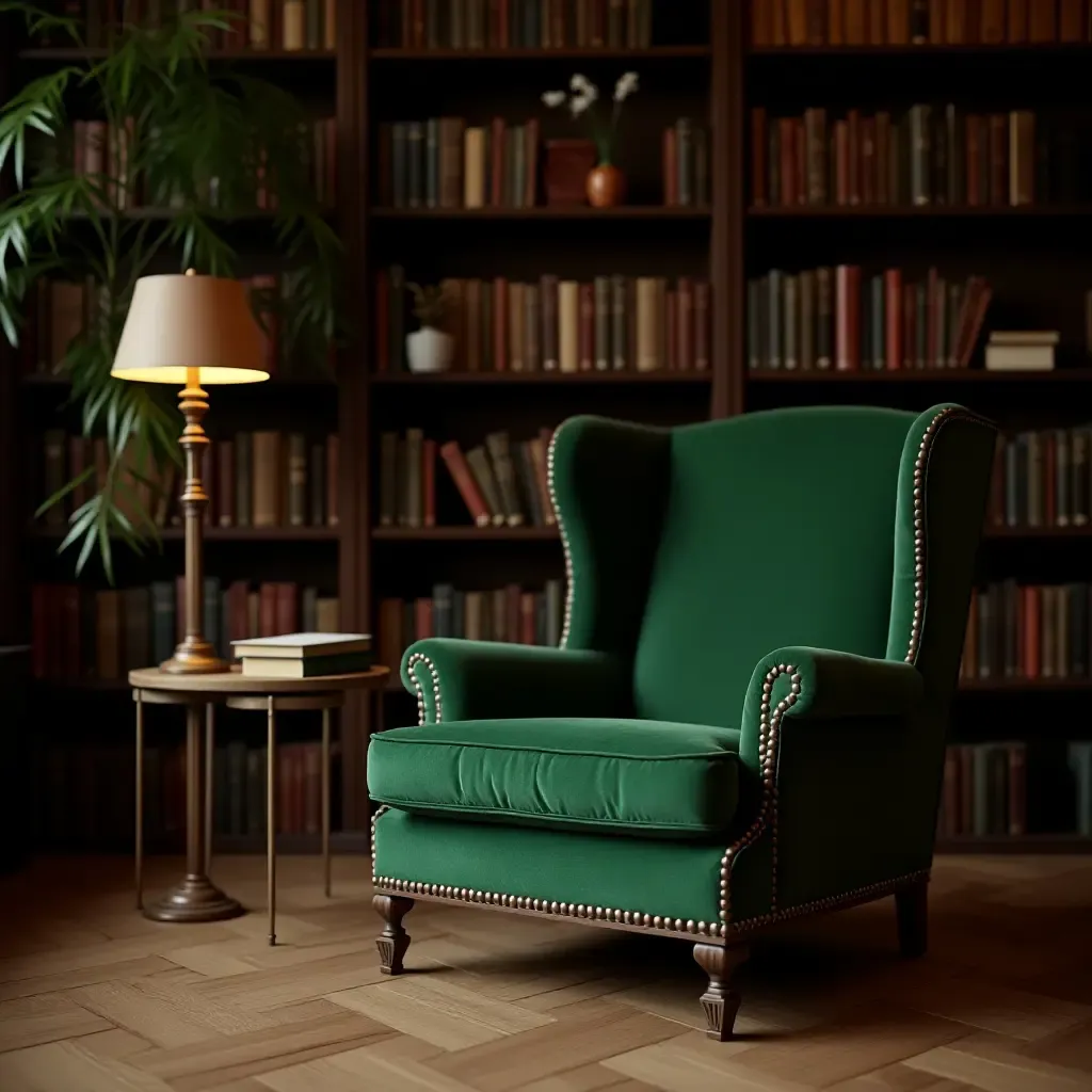 a photo of a library with a cozy green reading chair