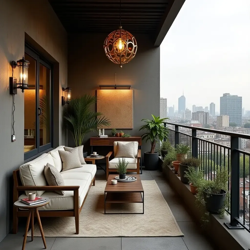 a photo of a balcony showcasing a mix of vintage and modern industrial decor