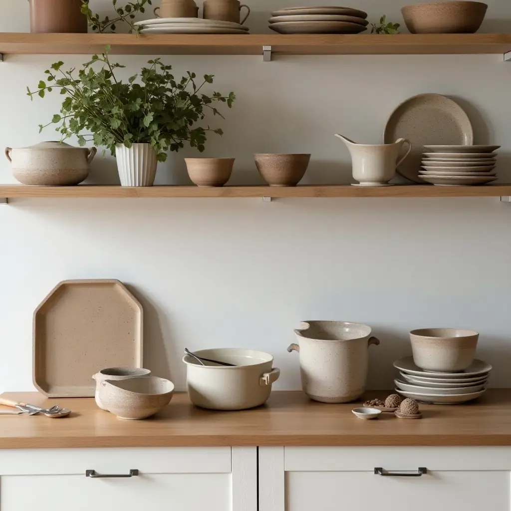 a photo of a kitchen featuring handmade pottery and dishes