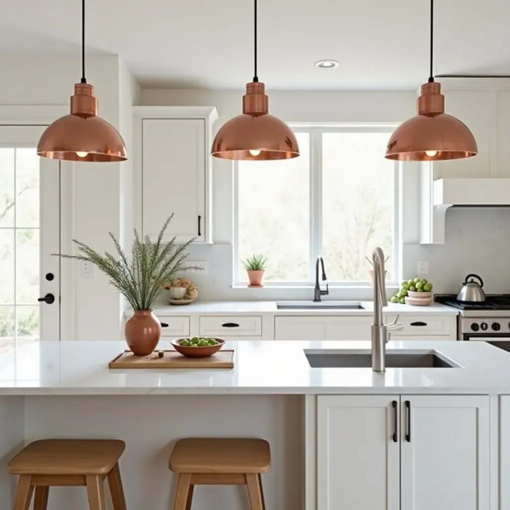 a photo of a bright kitchen with copper light fixtures