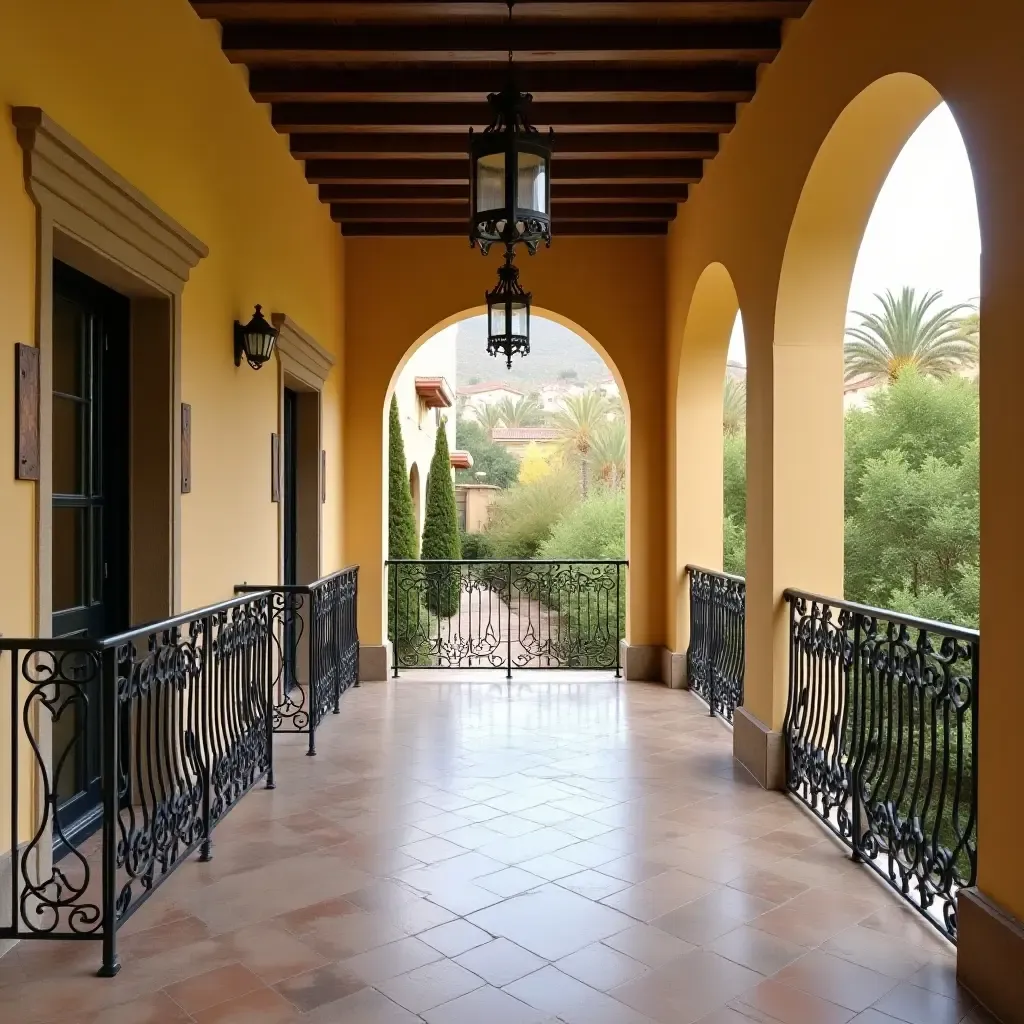 a photo of a Mediterranean-themed corridor with intricate wrought iron railings