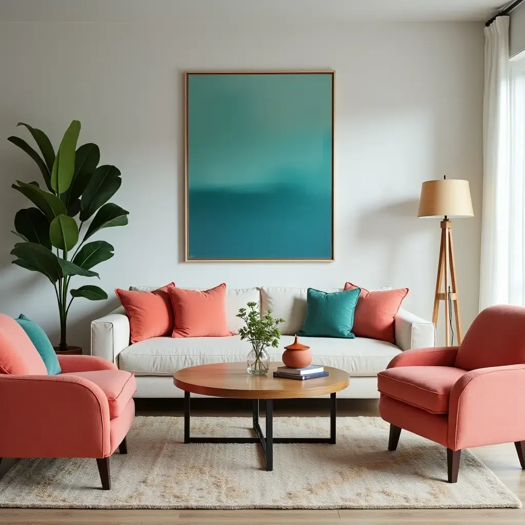 a photo of a lively living room with turquoise and coral