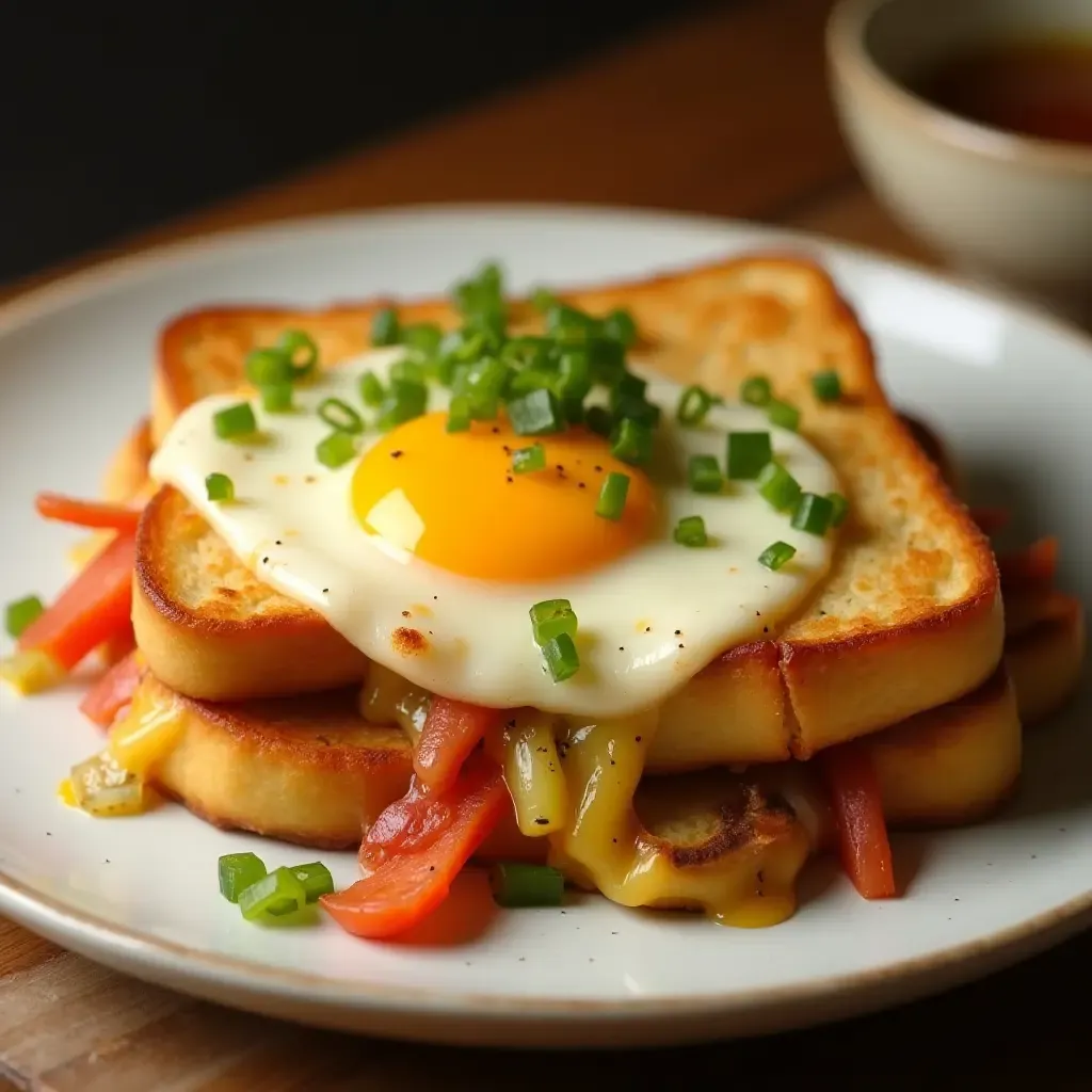 a photo of a crispy Korean egg toast with melted cheese and vegetables on a plate.