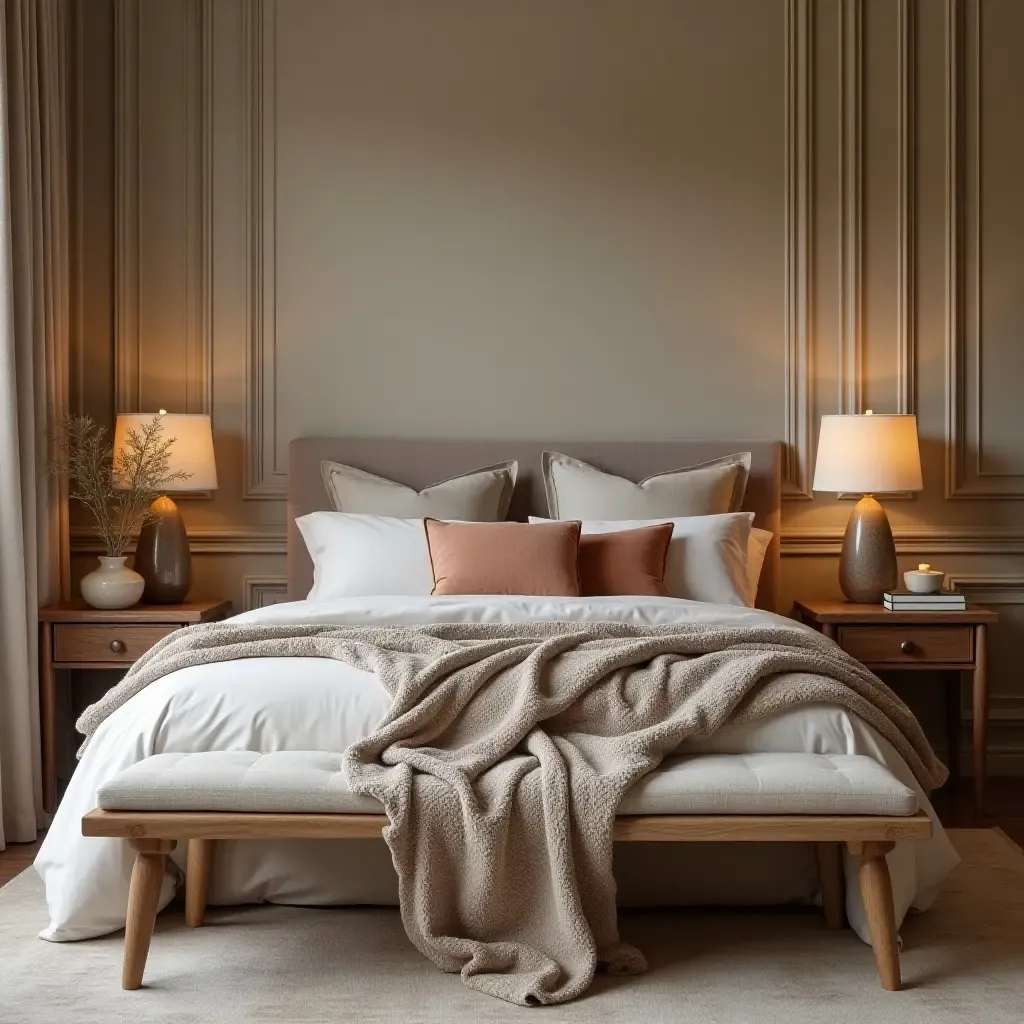 a photo of a cozy bedroom featuring a mix of velvet pillows, wooden furniture, and linen bedding