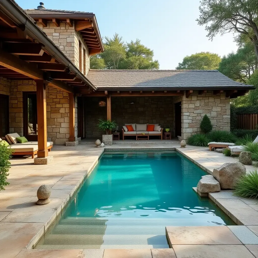 a photo of a rustic pool area with natural stone and wooden accents