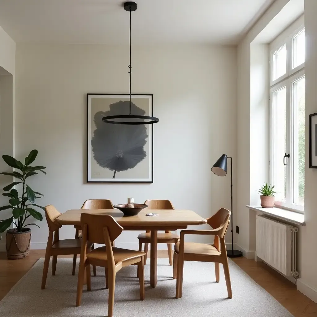 a photo of a small living room dining room combo with a statement light fixture