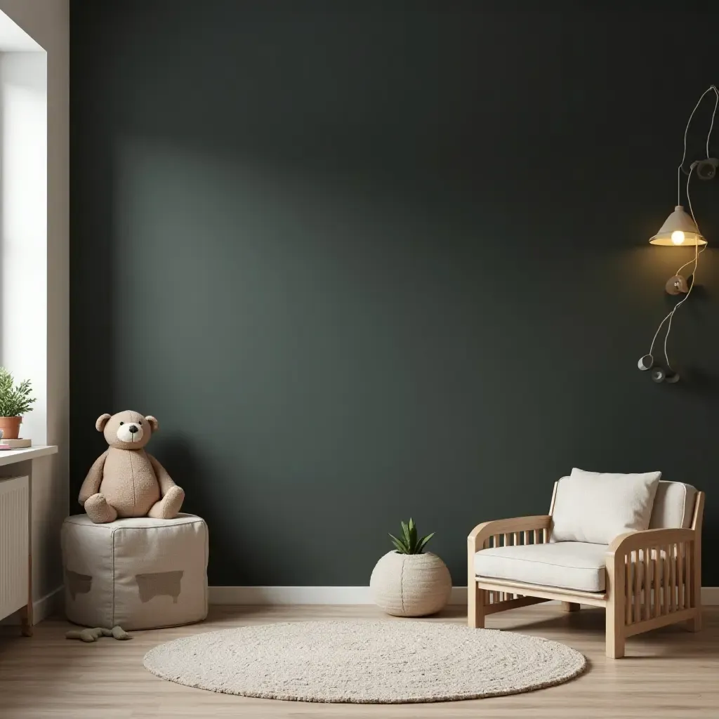 a photo of a modern children&#x27;s room with a chalkboard wall and simple furniture