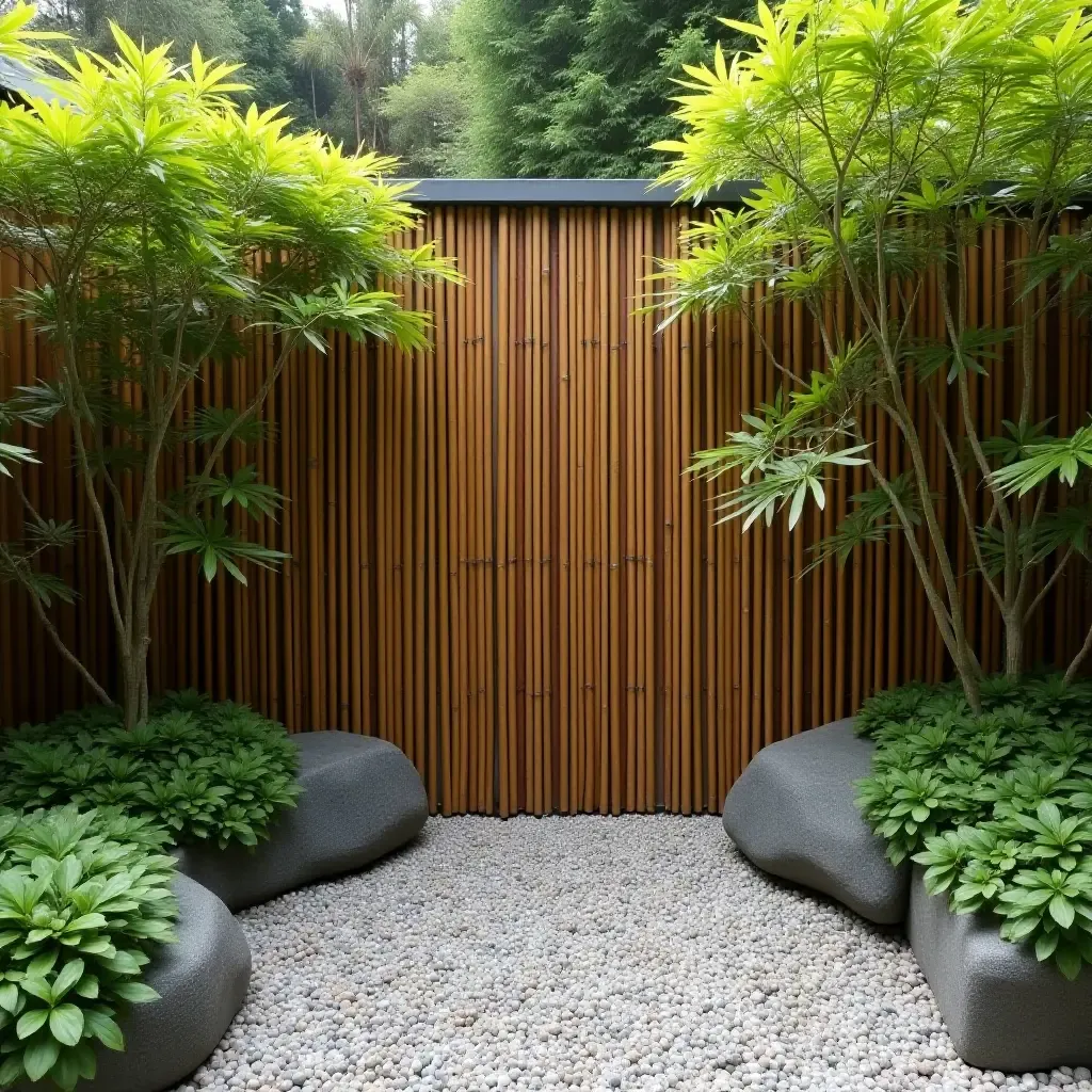 a photo of a zen-inspired garden wall with bamboo and stones