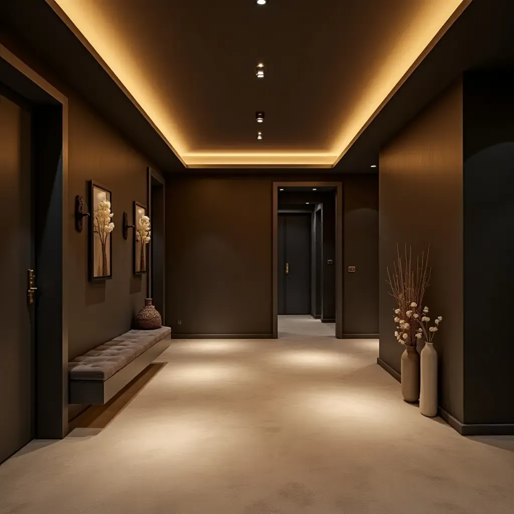 a photo of a modern basement with minimalist decor and ambient lighting