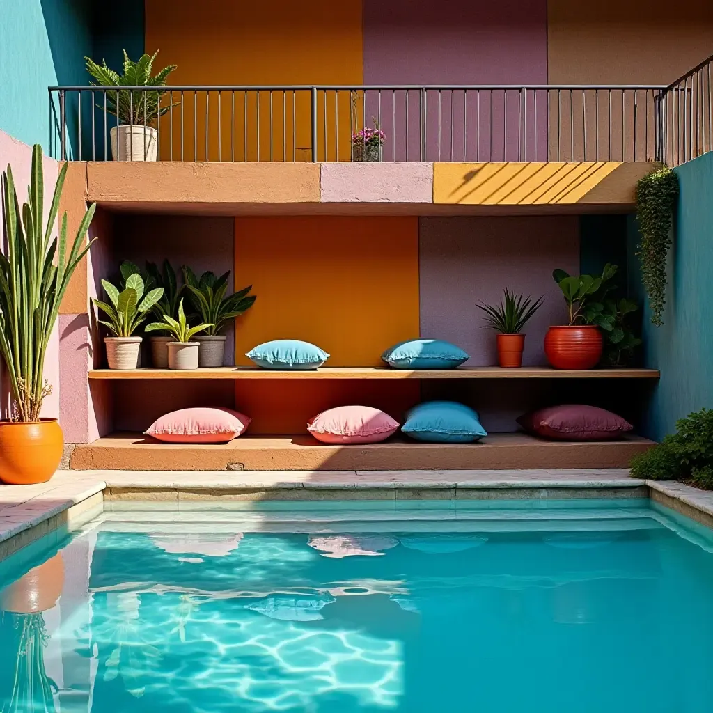 a photo of a vibrant poolside shelf with a mix of textures