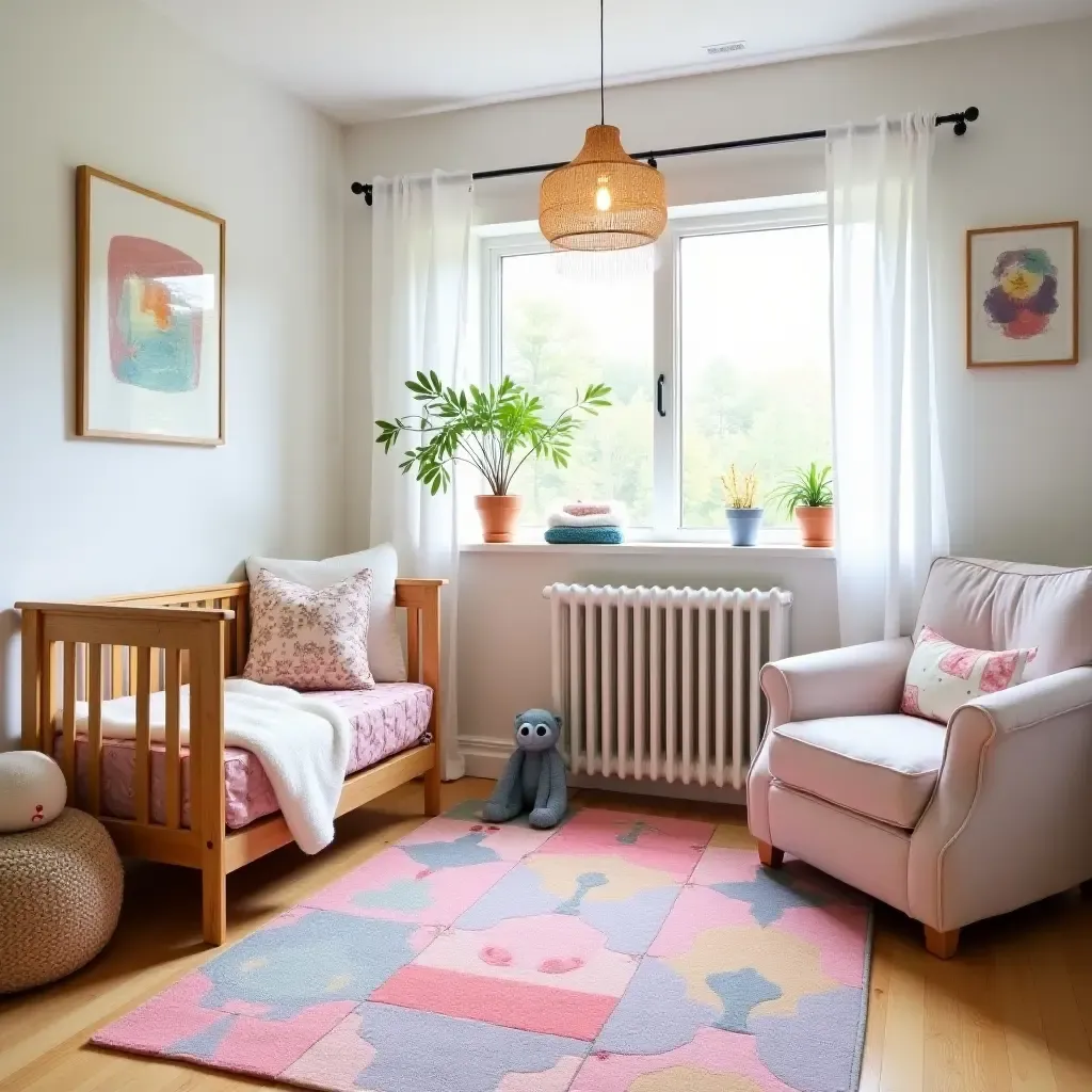 a photo of a small nursery with a colorful rug as a focal point