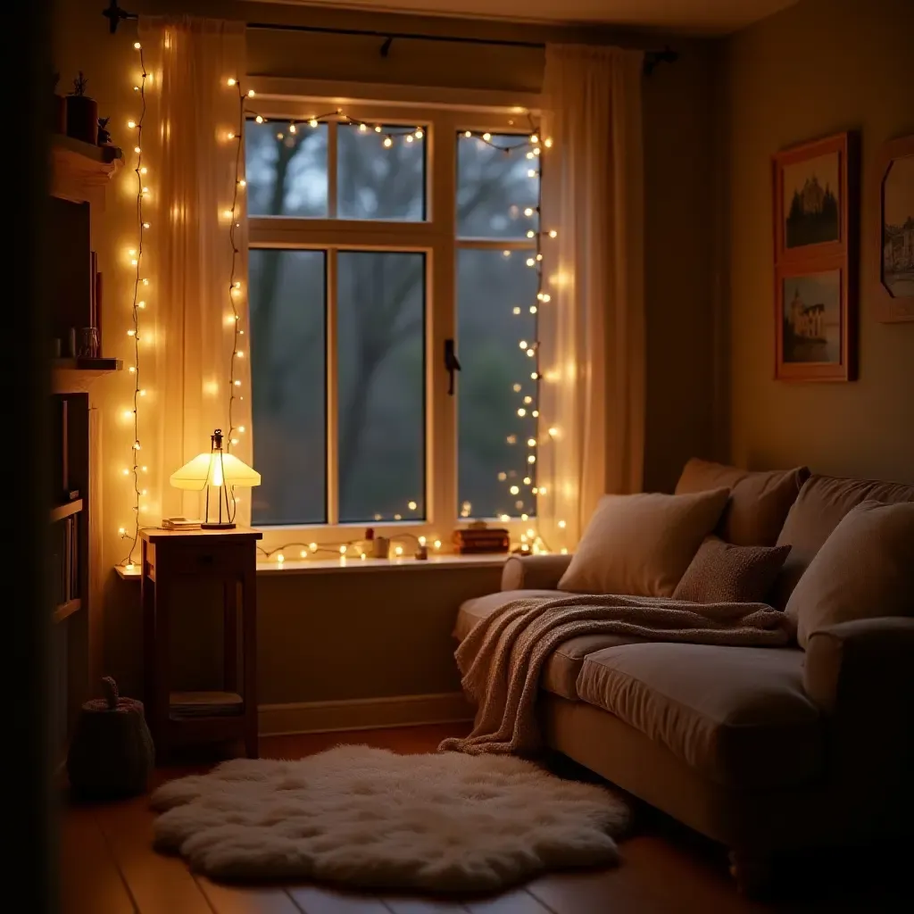 a photo of a cozy reading nook with a plush rug and fairy lights