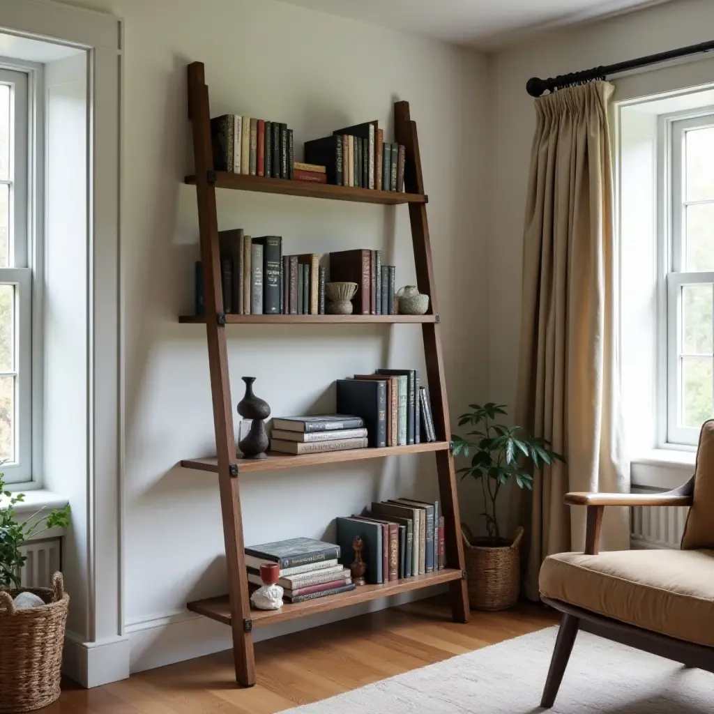 a photo of a vintage ladder used as a bookshelf in a farmhouse library