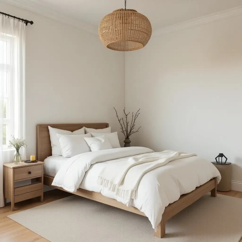 a photo of a serene bedroom featuring a soft color scheme and rustic elements