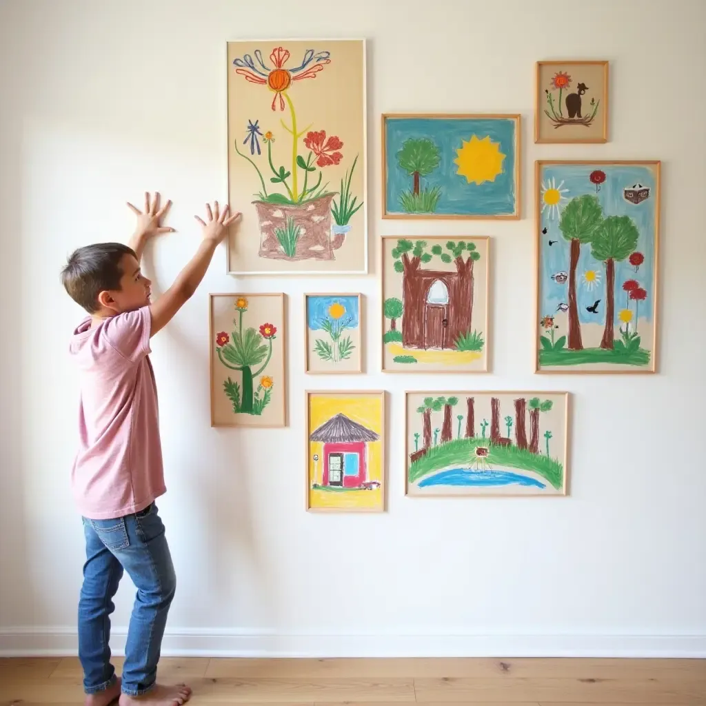 a photo of a colorful gallery wall featuring children&#x27;s artwork and photographs