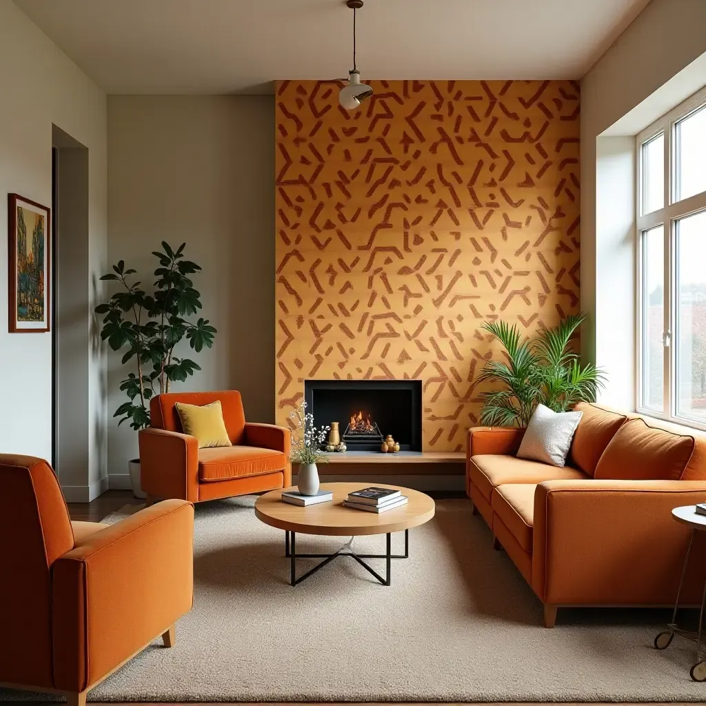 a photo of a retro-style living room with a funky patterned accent wall