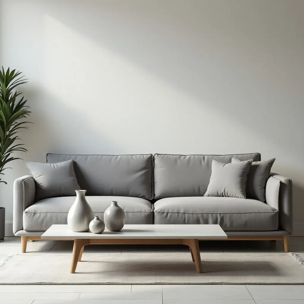 a photo of a grey sofa paired with a minimalist coffee table and decorative vases