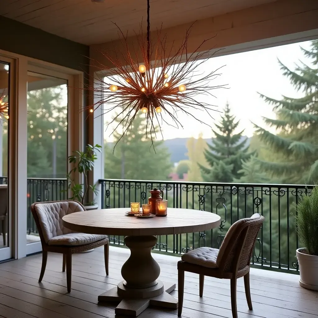 a photo of a balcony featuring a DIY chandelier made of branches