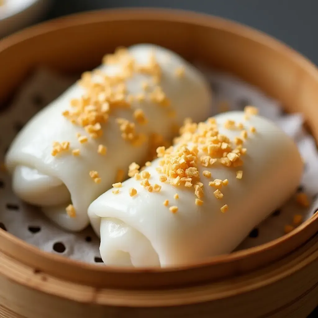 a photo of Banh Cuon, steamed rice rolls filled with minced pork and mushrooms, topped with fried shallots.