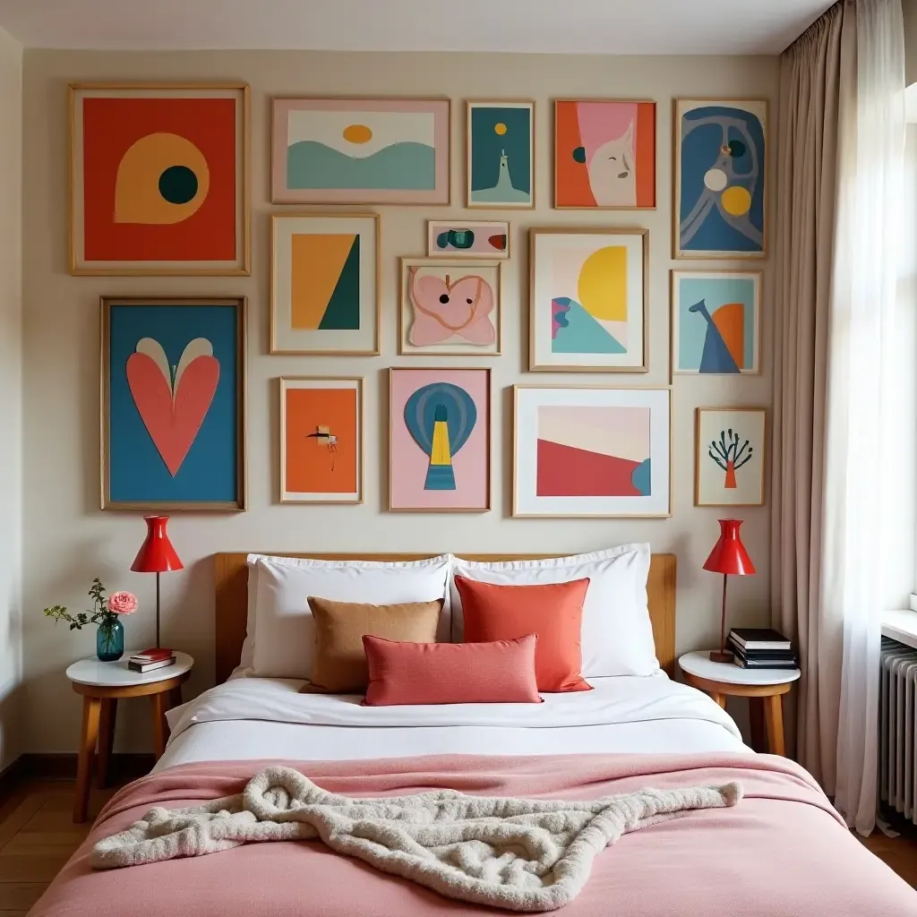 a photo of a colorful bedroom with a playful gallery wall of abstract art