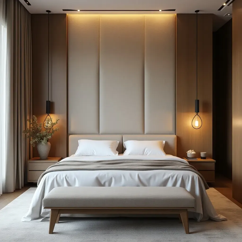 a photo of a textured fabric wall behind a bed in a luxurious bedroom