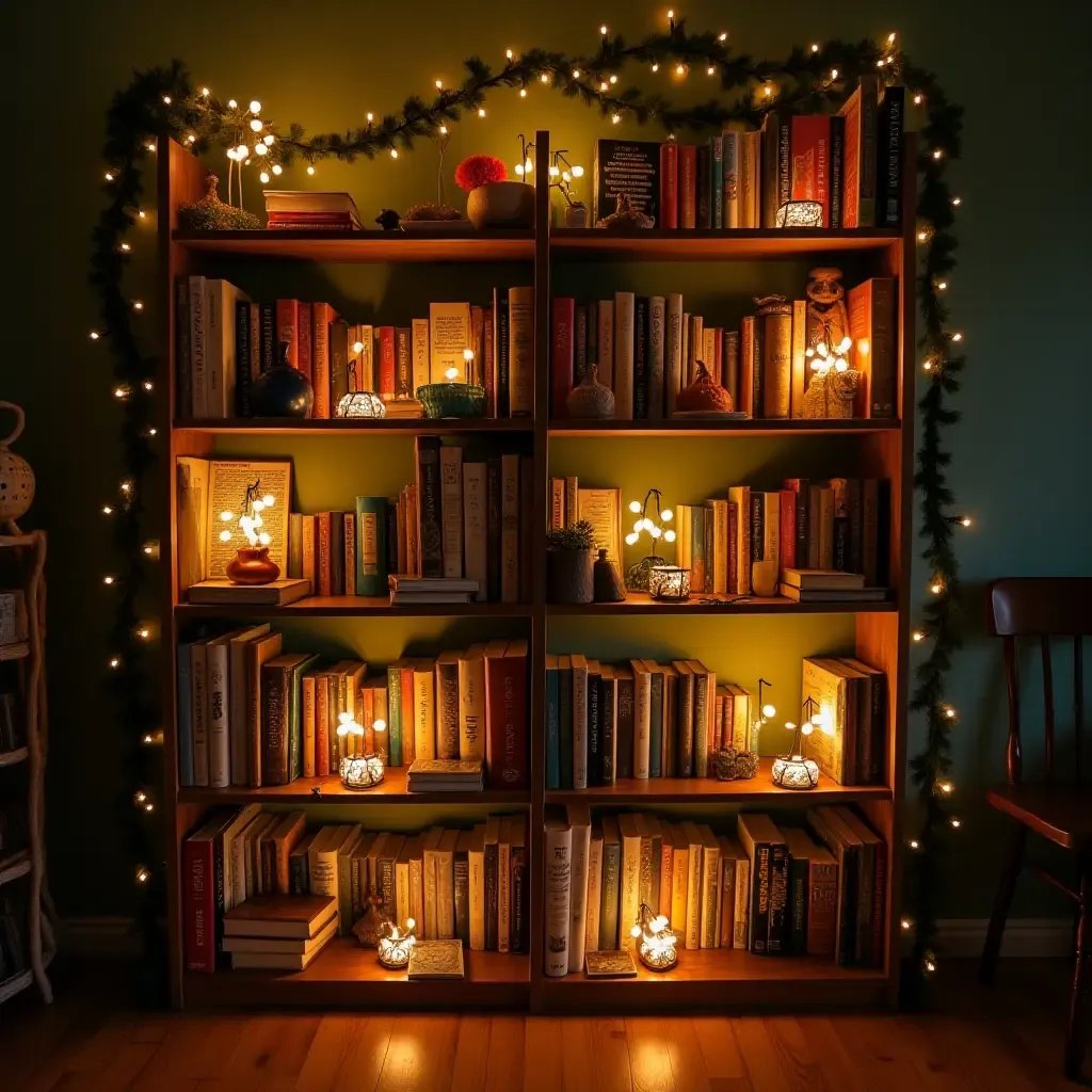 a photo of a whimsical bookshelf with fairy lights and playful book displays