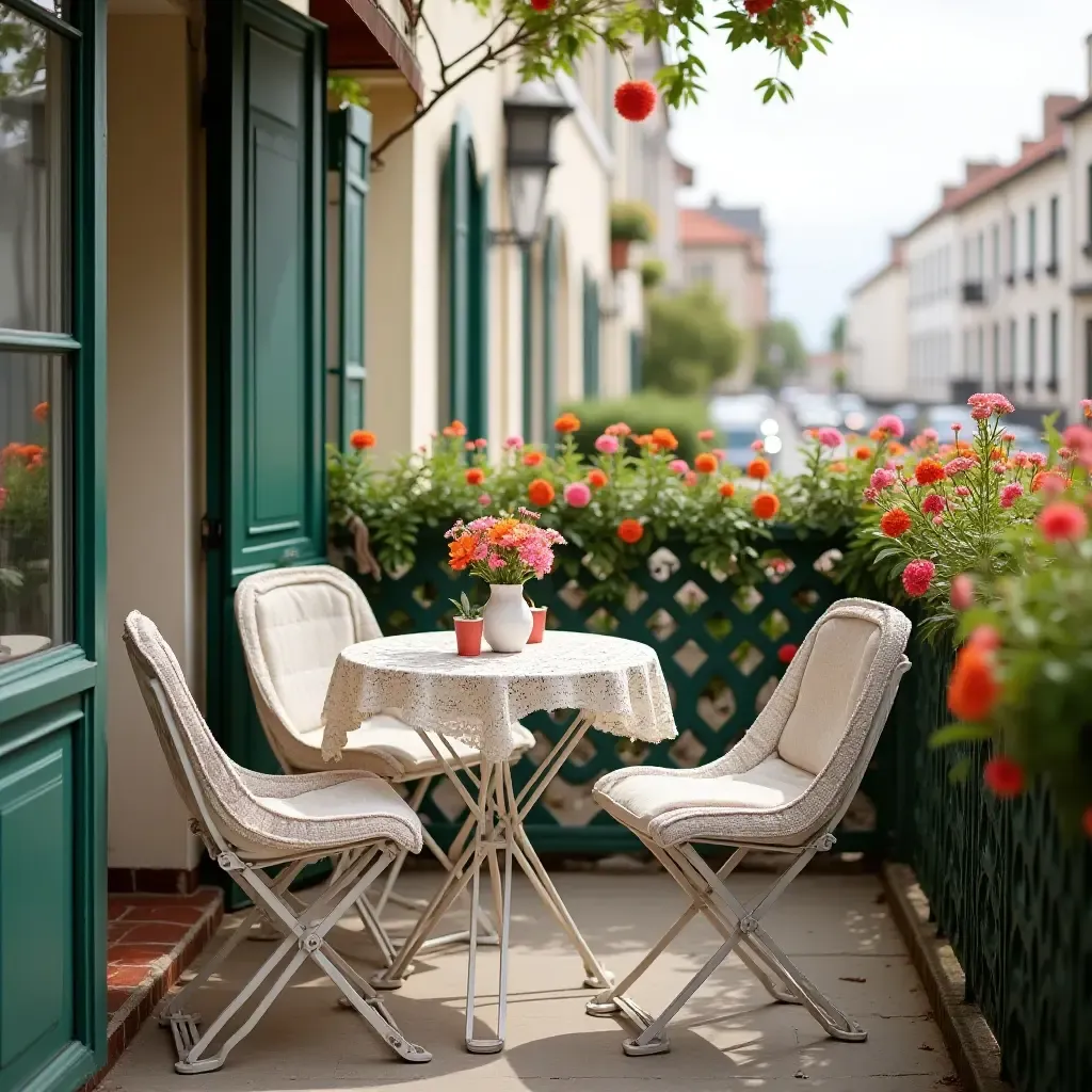 a photo of a balcony featuring a charming bistro table and chairs with flowers