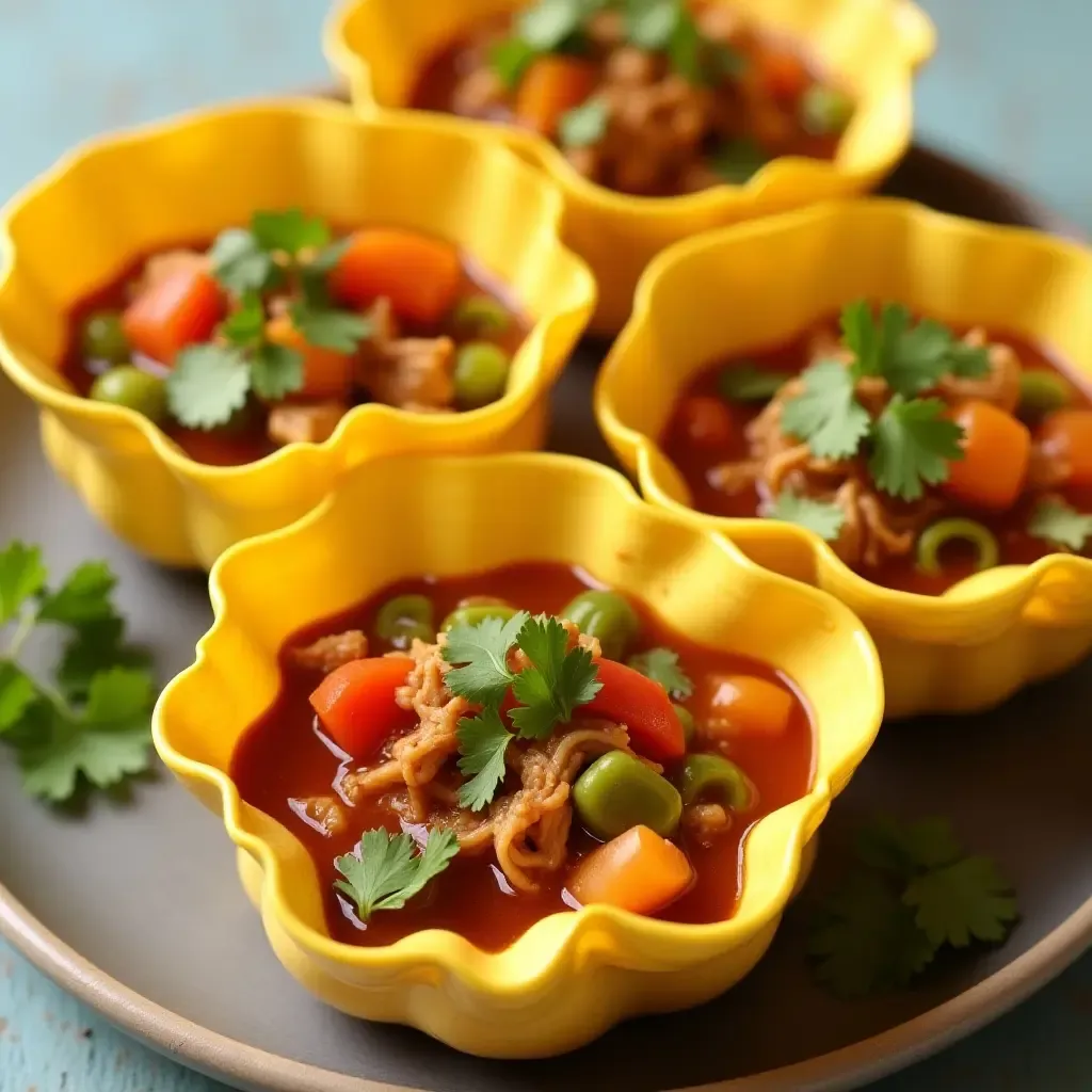 a photo of corn tortilla soup bowls filled with spicy chicken and veggies.