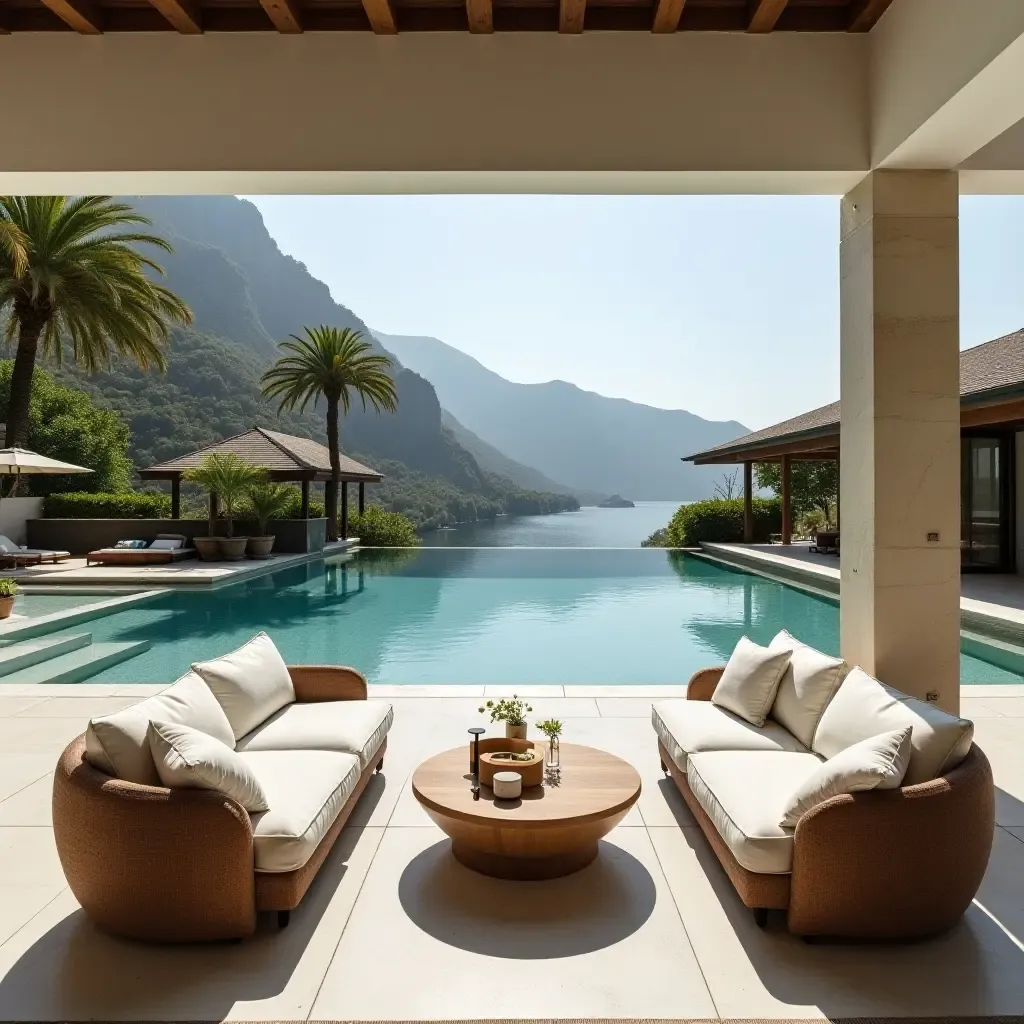 a photo of a welcoming poolside lounge with plush seating and a coffee table