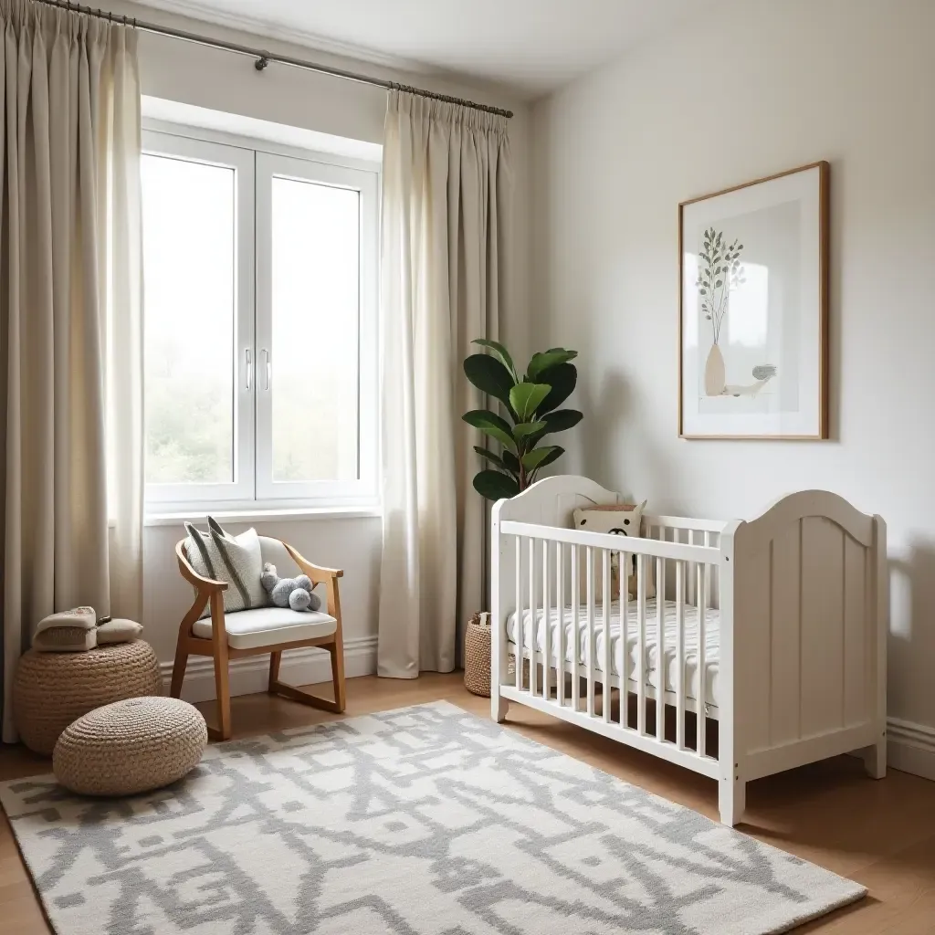 a photo of a nursery with a stylish area rug and elegant furniture